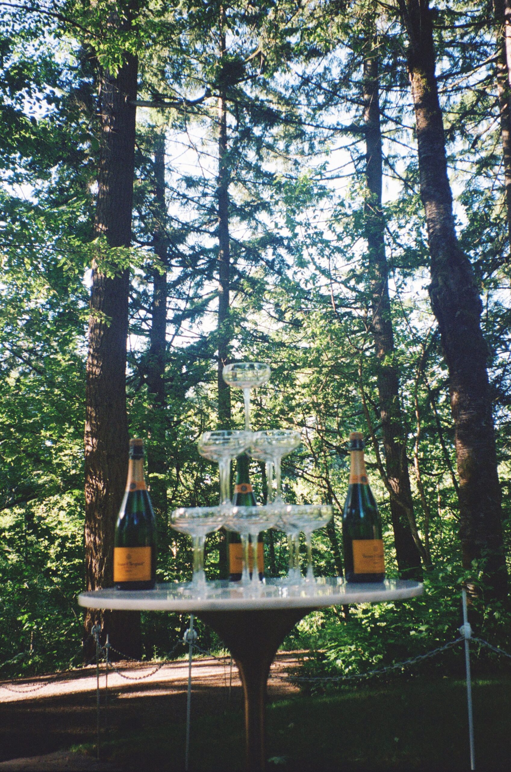 champagne fountain with champagne glasses on wedding table