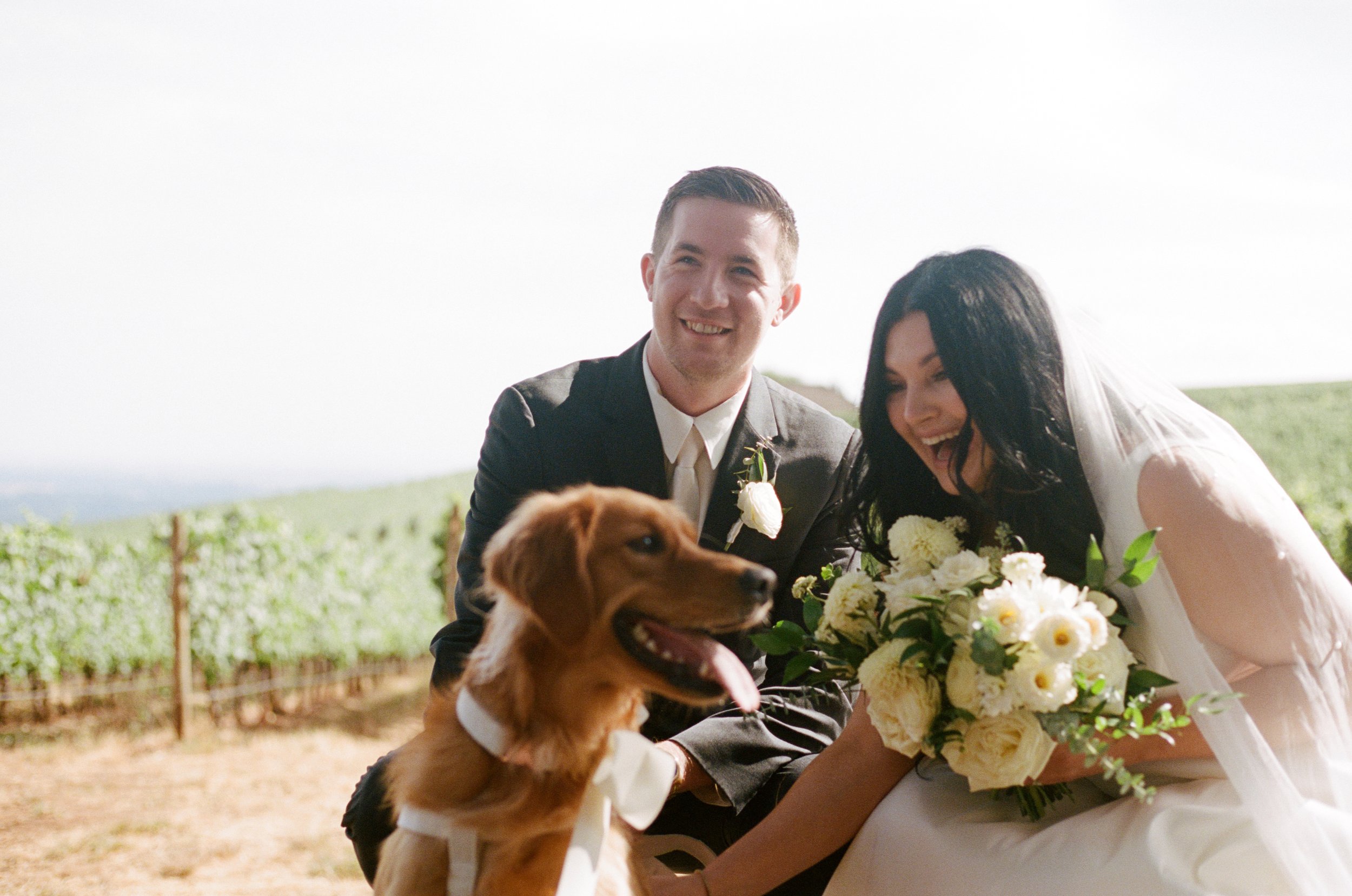 man and woman smiling while petting dog for wedding photos. Wedding photographer in Oregon