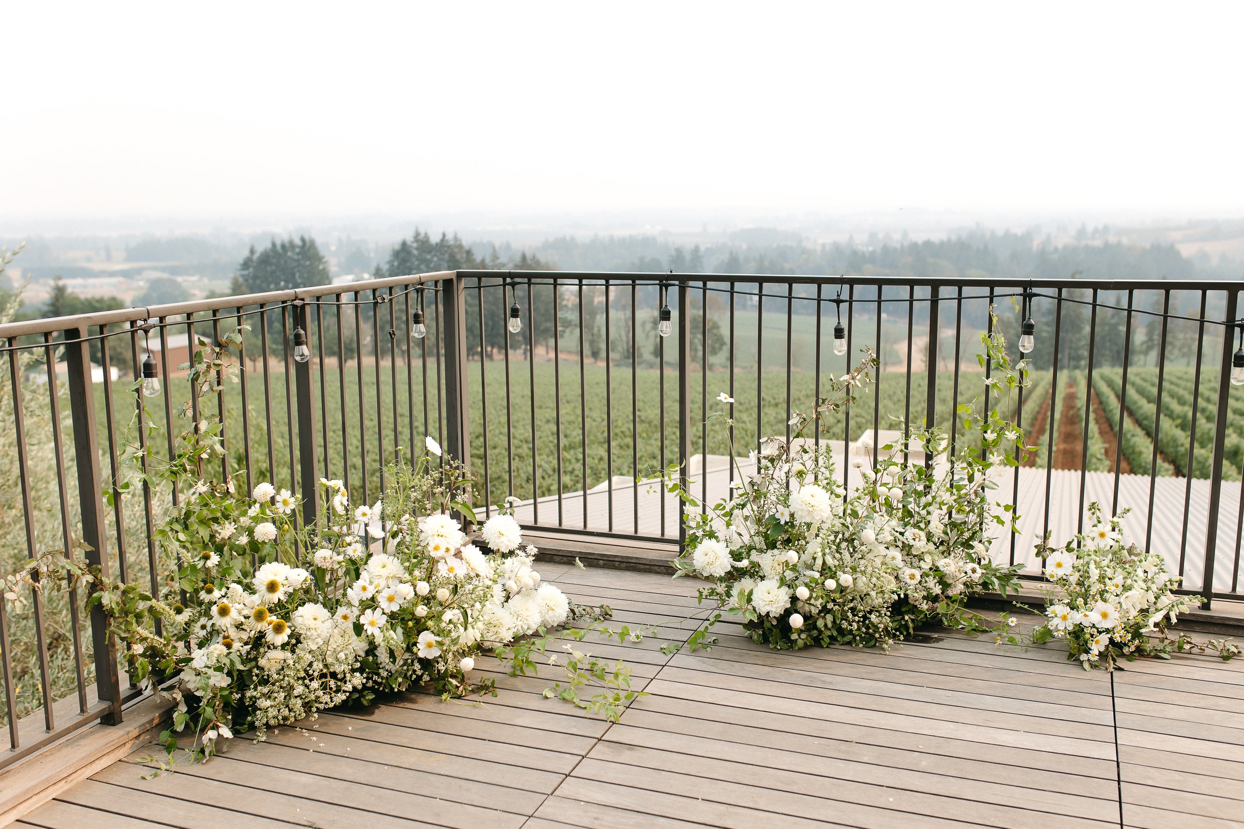  Oregon winery micro wedding, white and green florals, deck wedding, oregon film wedding photographer, domaine roy and fils 